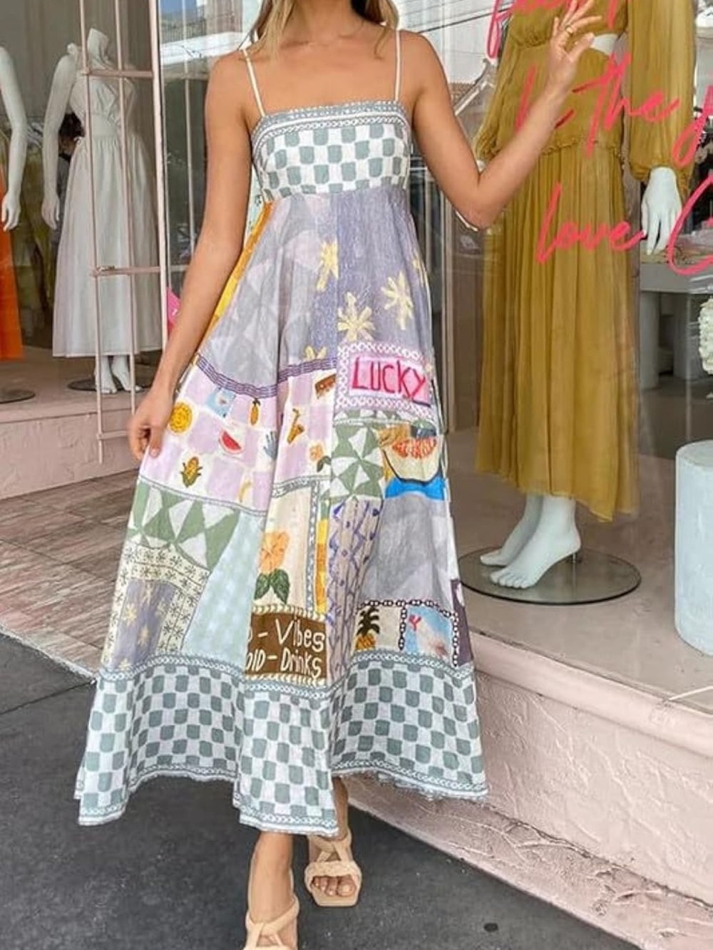 Santorini vibes graphic flowy a line maxi summer Sundress - Picture 5 of 6